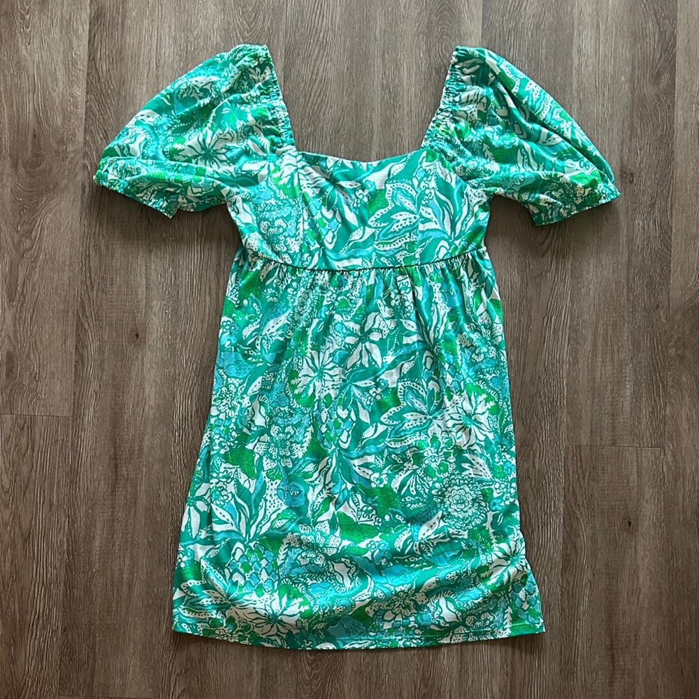 Lilly Pulitzer Delaney Puff Short Sleeve Dress Botanical Green Safari Sangria 8